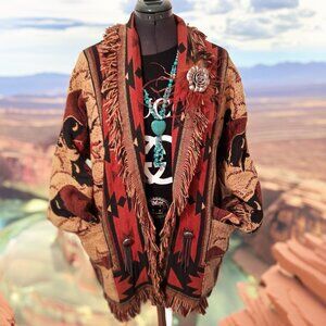 Vintage 90's Black Fringe Concho Jacket M/L - necklace and Rose Feather pin